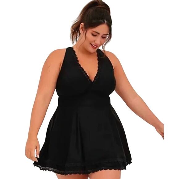 Torrid Black Crochet Lace Trim Swim Dress Bathing Suit Womens Plus Size 1X - Picture 1 of 7